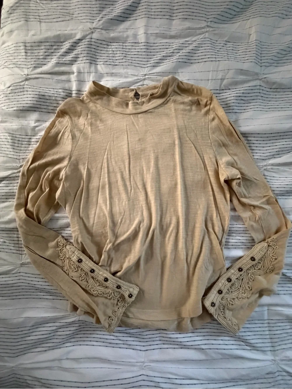 Free People Cream Embroidered Long Sleeve Top
